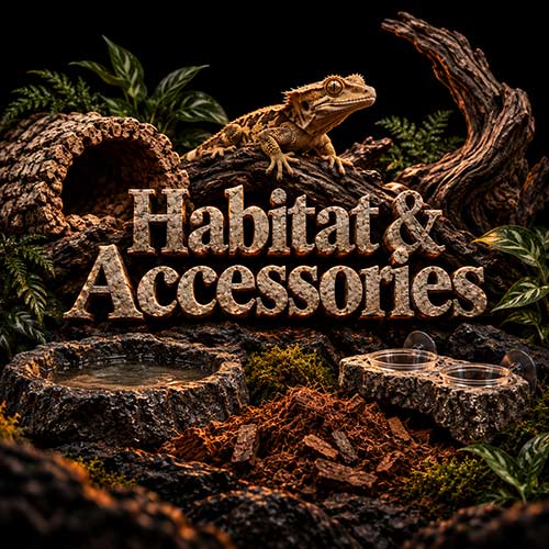 Reptile habitat accessories: hides, bowls and decor with geckos