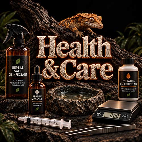 Reptile health and care products: sprays, a scale and a syringe