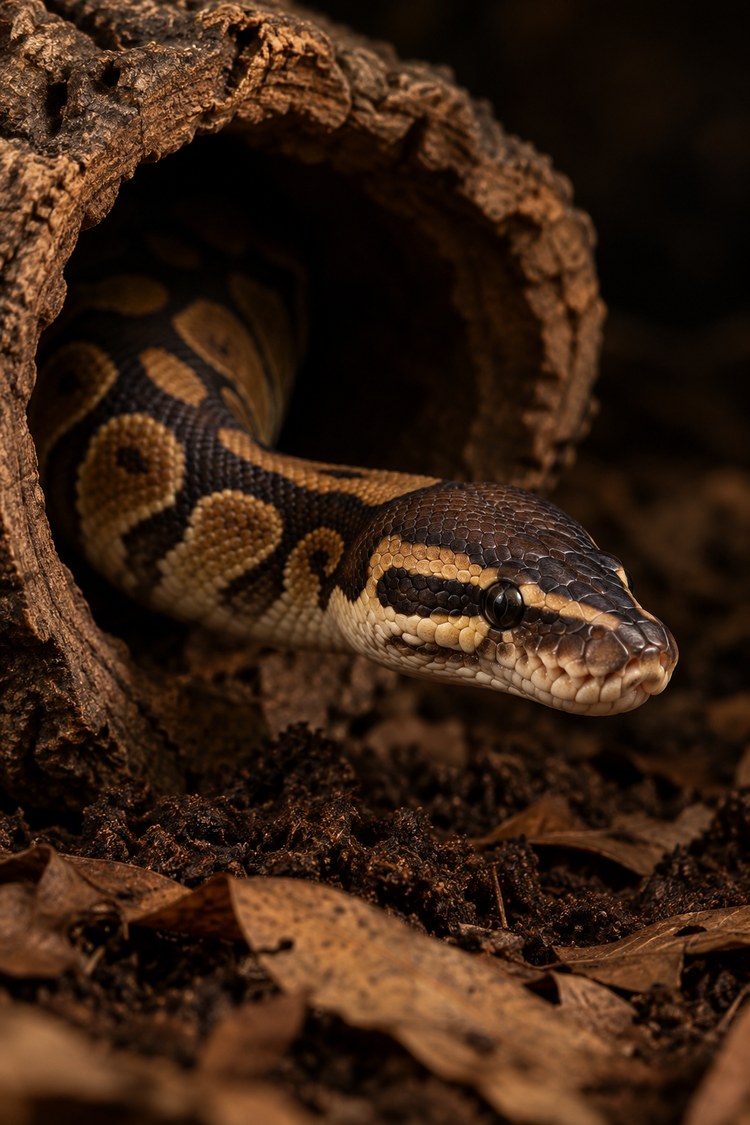 Ball python care: ball python looking out of a cork-bark hide