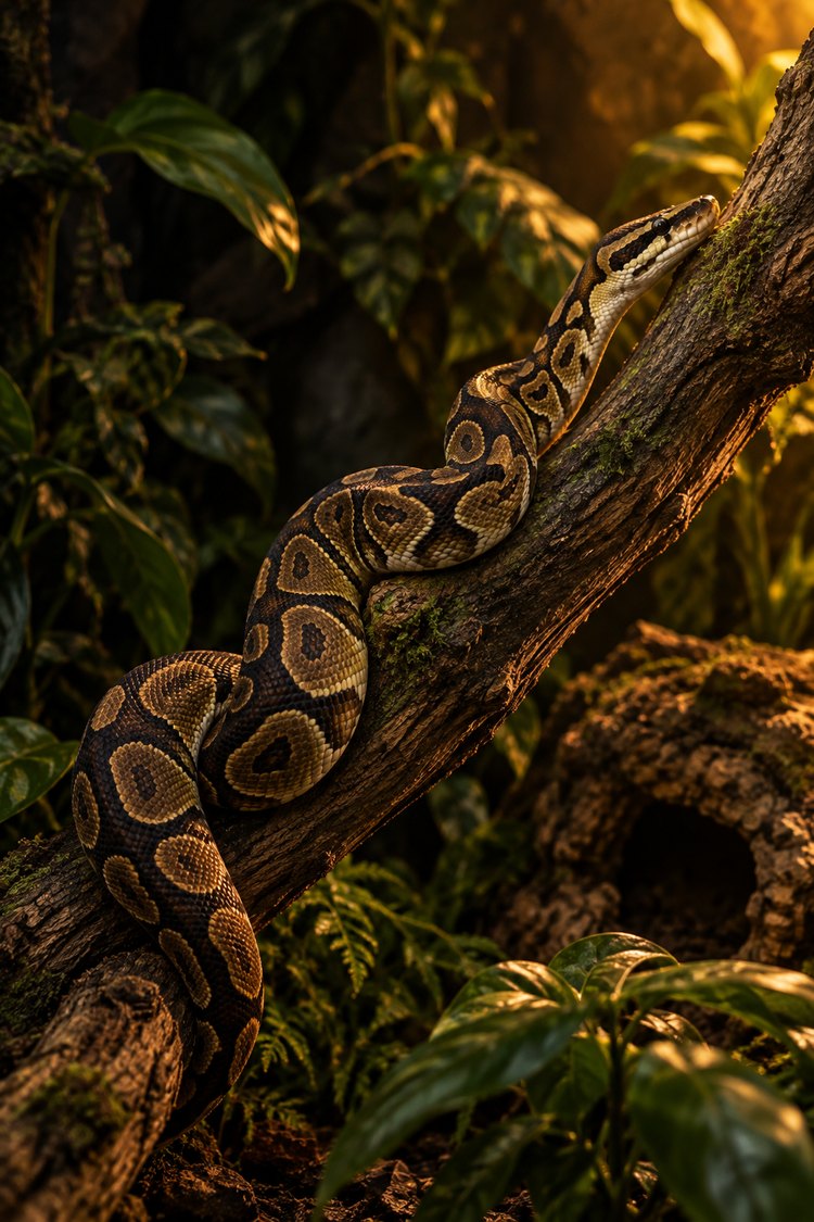 Snake climbing a sturdy branch in a planted terrarium