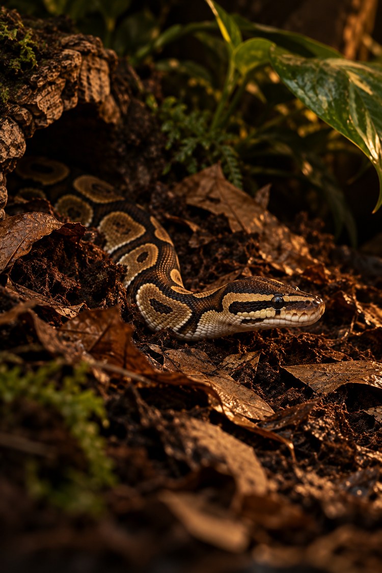 Snake emerging from soil substrate and leaf litter