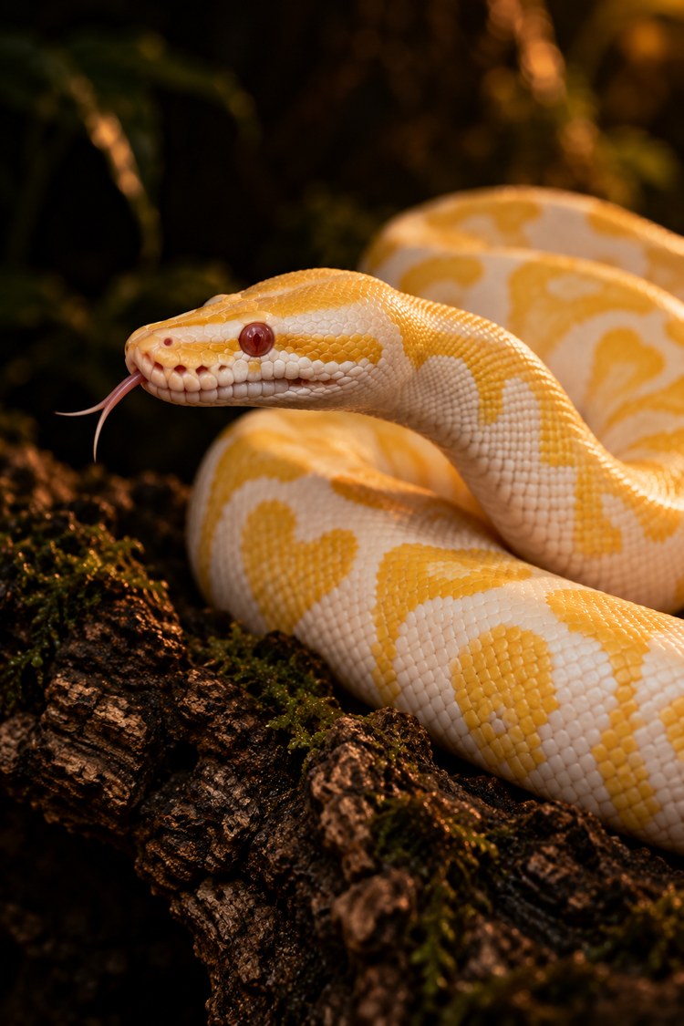 Albino ball python morphs show a bright yellow pattern on white and pink-red eyes