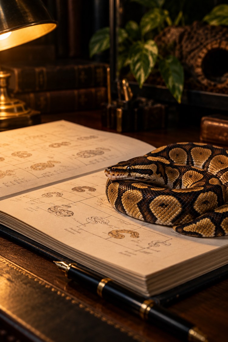 Breeder pedigree records and pairing notes on a desk beside a calm royal