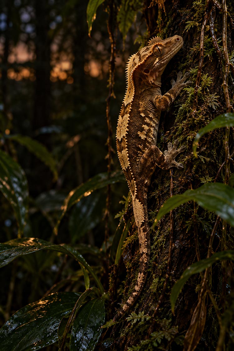 Crested gecko care: a crested gecko climbing a mossy tree trunk at night
