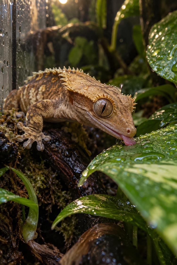 Crested gecko licking water droplets from a leaf after misting, part of crested gecko care