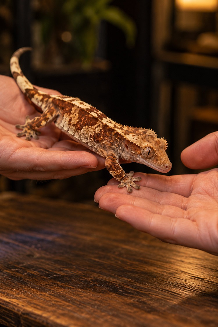 Keeper letting a crested gecko walk from one hand to the other