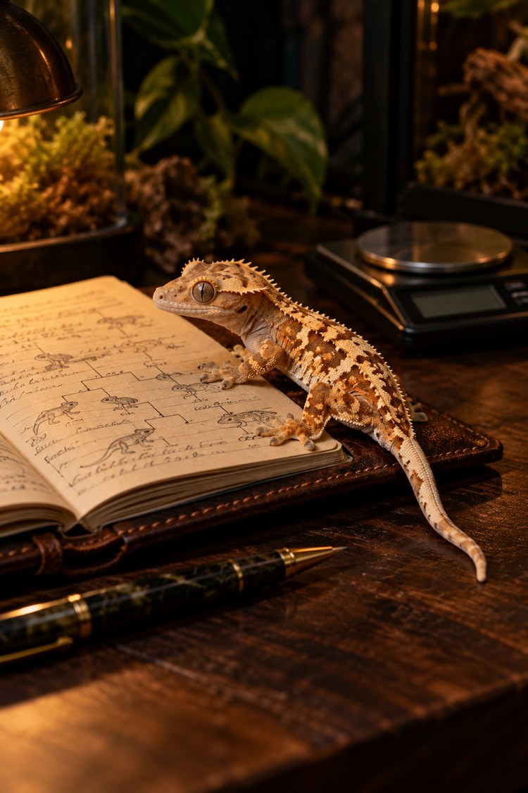 Juvenile on an open breeding ledger with pedigree notes