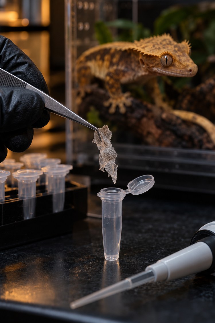 Shed crested gecko skin being sampled into a tube for DNA analysis