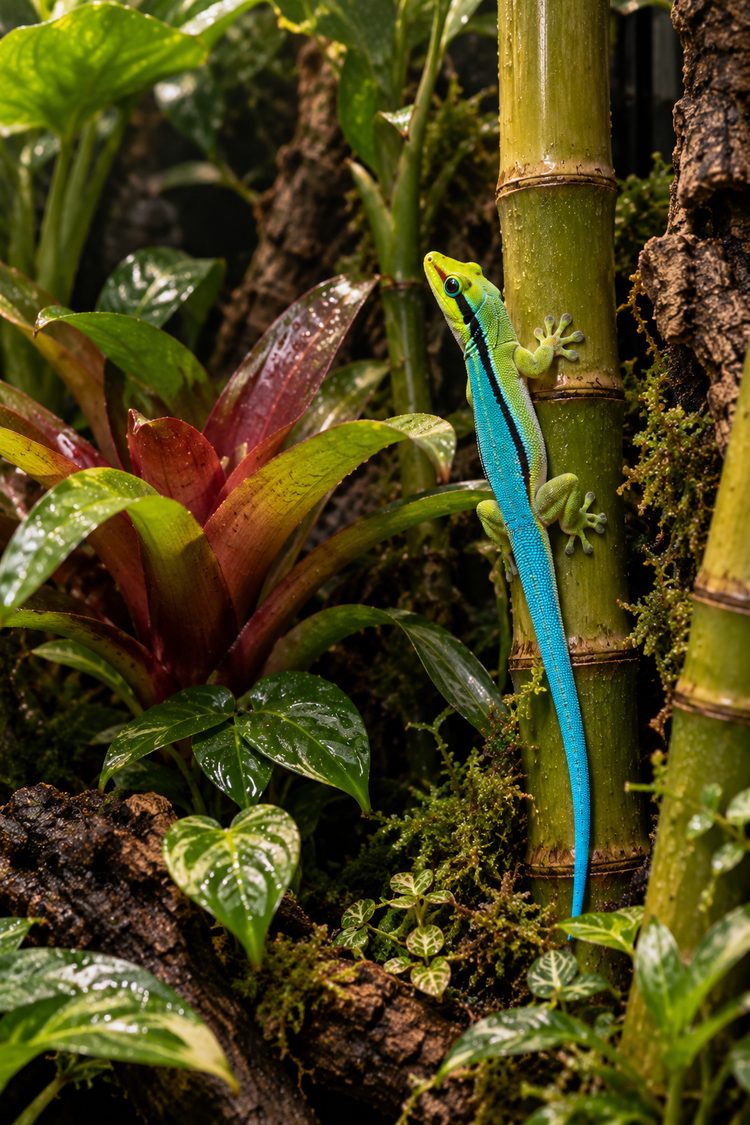 Yellow-headed Phelsuma klemmeri on bamboo in a bioactive vivarium