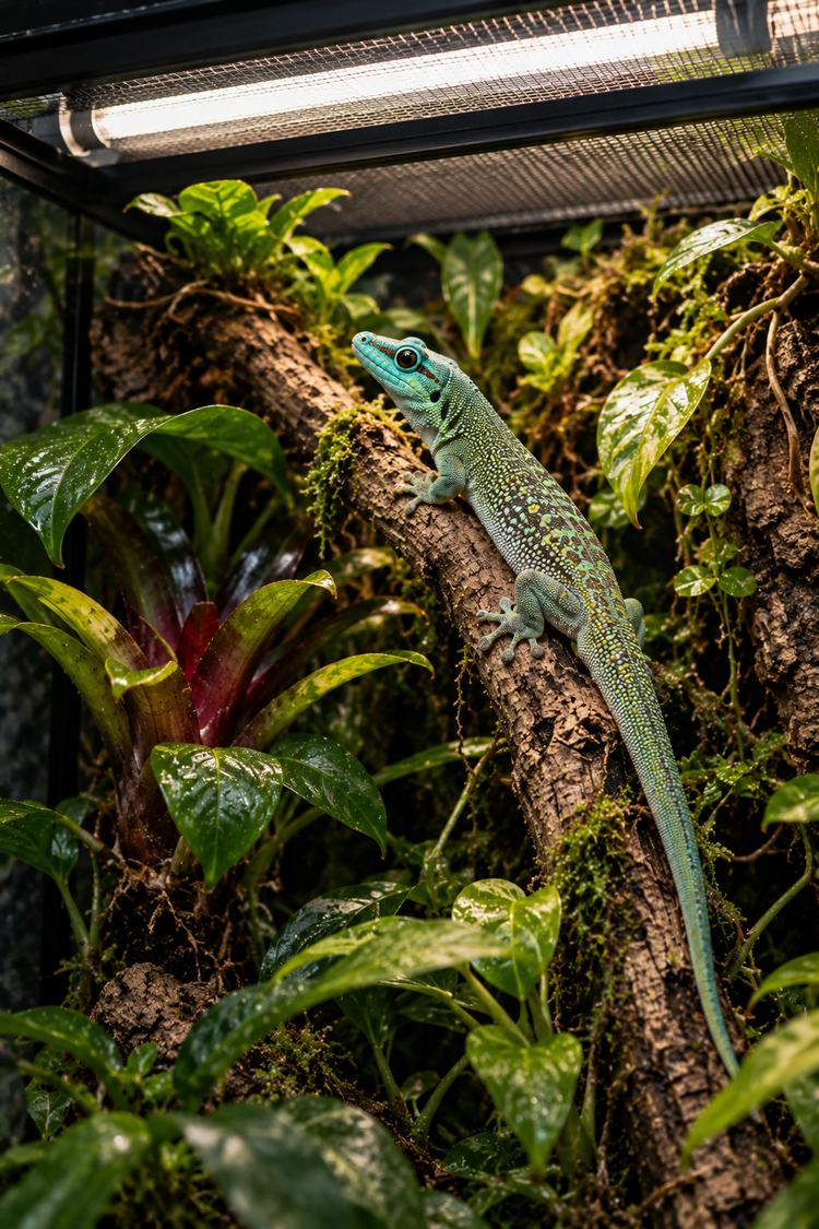Standing’s day gecko basking under a linear UVB tube