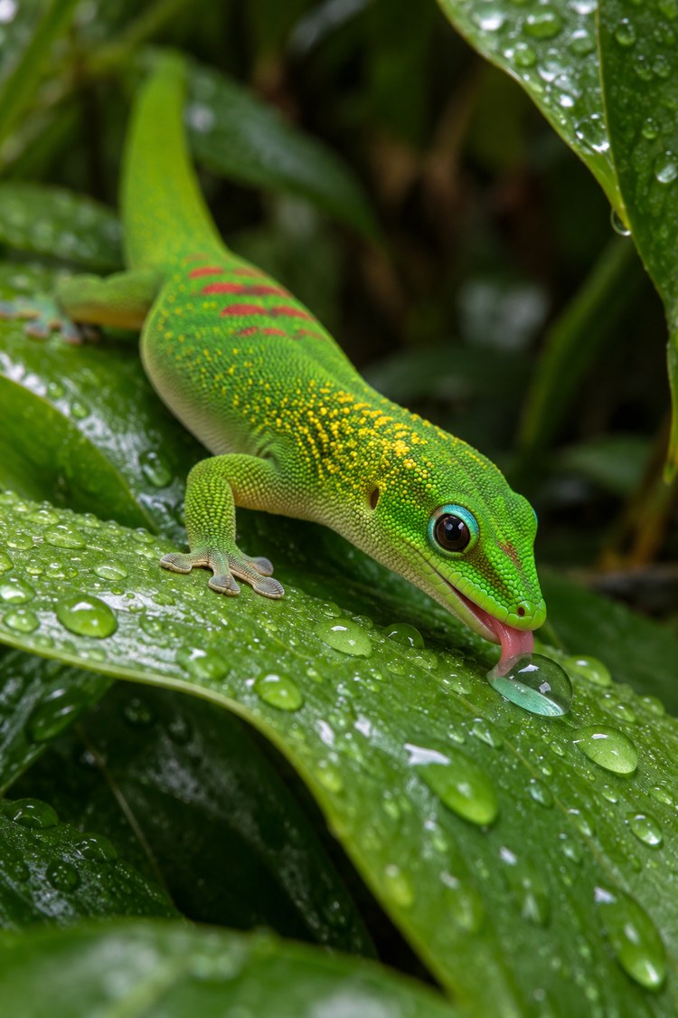 Gold dust Phelsuma licking water droplets from a leaf
