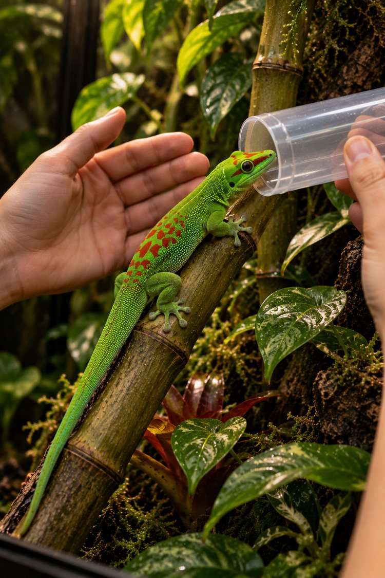 Keeper guiding a day gecko into a clear tube without grabbing it