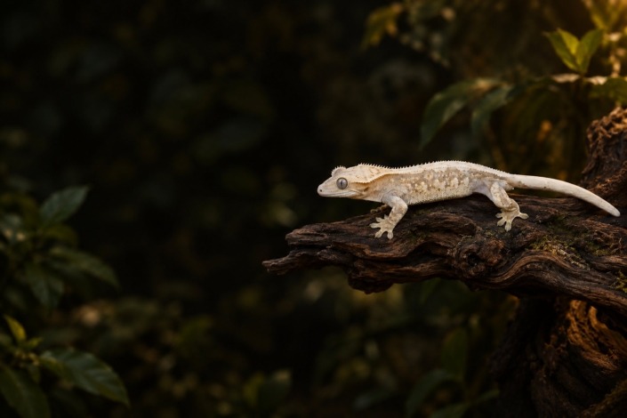 Pale cream Lilly White crested gecko with soft, low-contrast colors on a driftwood branch