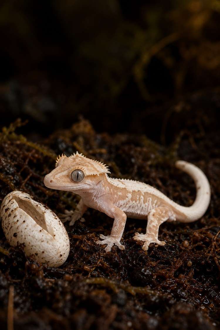 Newly hatched Correlophus ciliatus resting beside its opened egg