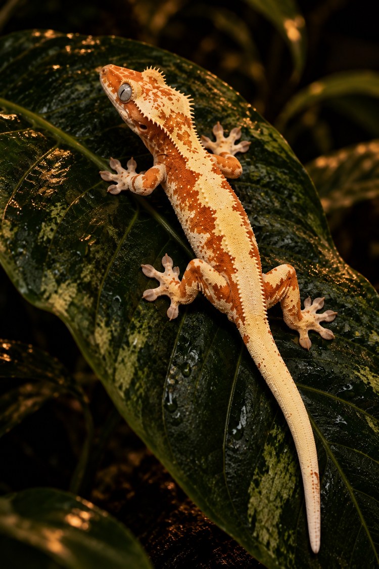 Juvenile Lilly White crested gecko with creamy, still-developing pale areas