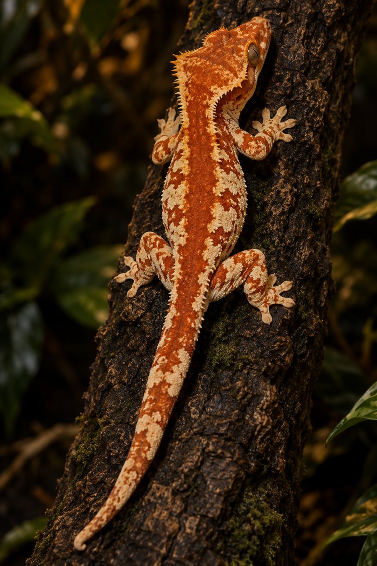High-contrast harlequin Correlophus ciliatus with a patterned tail