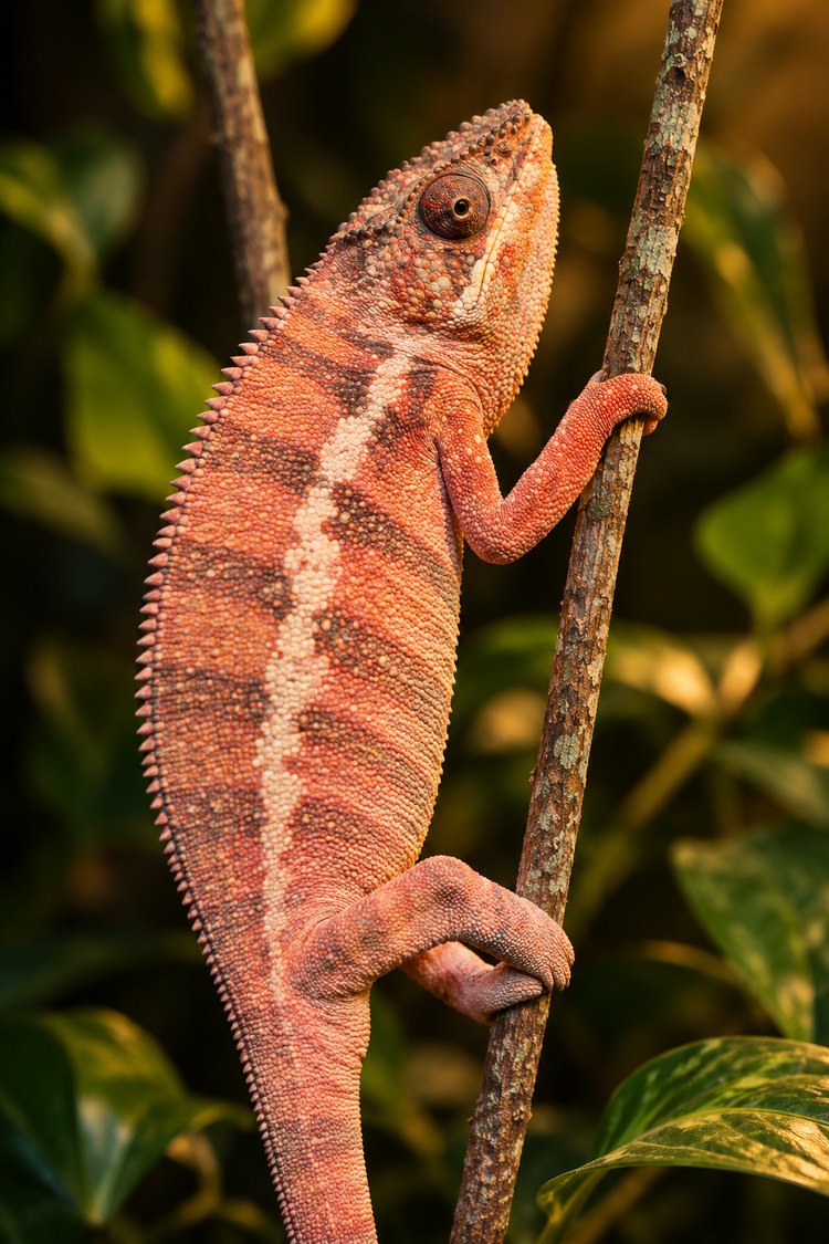 Female panther chameleon in peach and pink receptive coloration climbing a thin twig