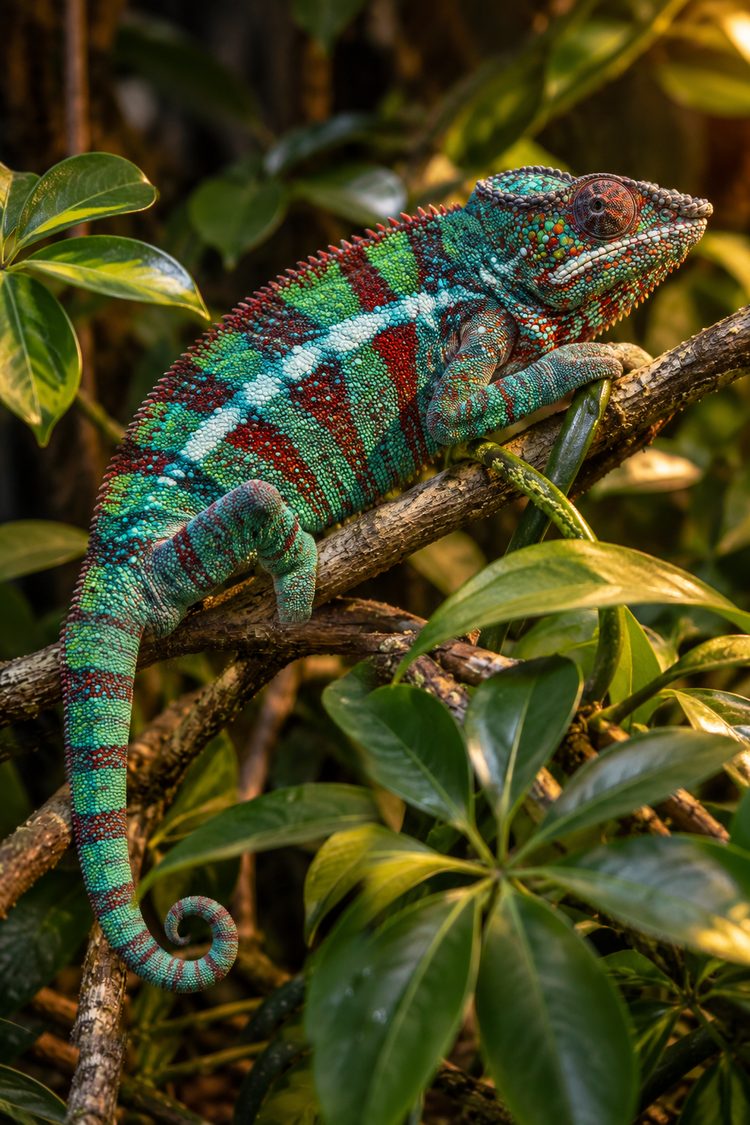 Ambanja male panther chameleon resting among Schefflera leaves in a forest-edge vivarium