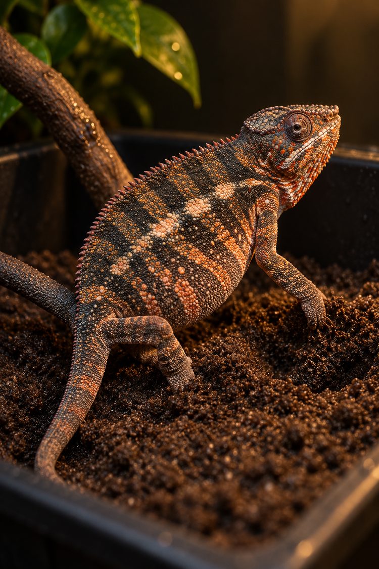Gravid female panther chameleon digging in a laying bin of moist soil