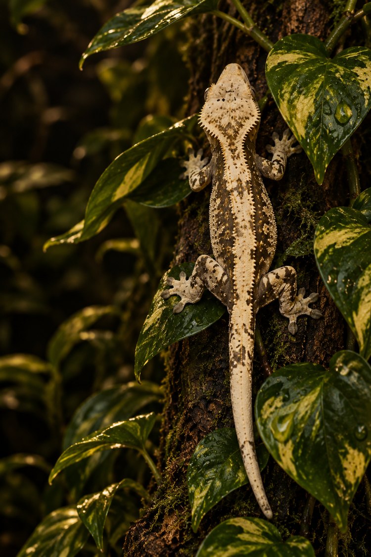 Crested gecko climbing a cork slab covered with golden pothos