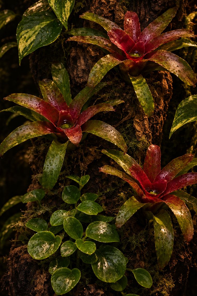 Neoregelia bromeliads and Peperomia, plants for reptile terrariums mounted on cork