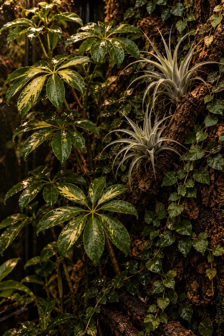 Dwarf umbrella tree, Tillandsia and creeping fig on a cork background