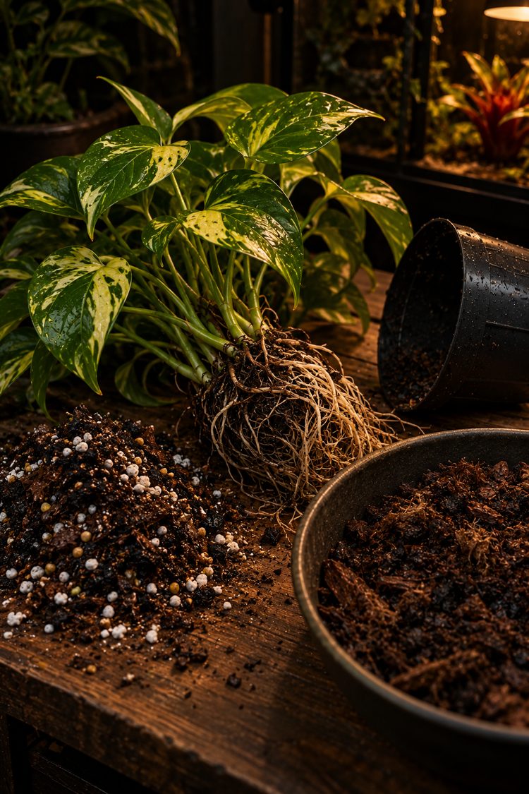 Pothos with rinsed roots beside old potting mix showing perlite and fertilizer pellets