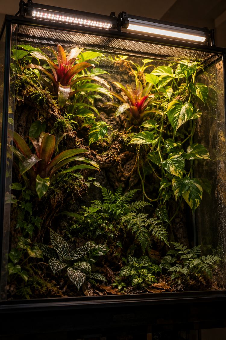 LED light bar and UVB tube above plants in a reptile terrarium with a bright canopy and shaded floor
